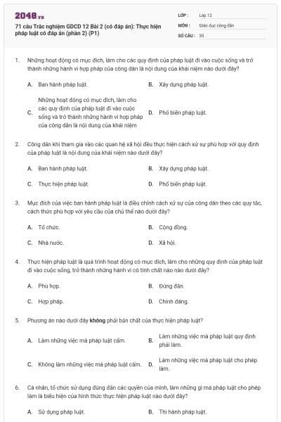 71 câu Trắc nghiệm GDCD 12 Bài 2 (có đáp án): Thực hiện pháp luật có đáp án (phần 2) (P1)