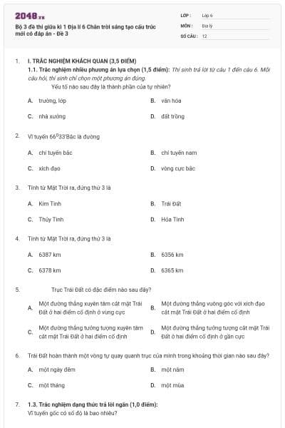 Bộ 3 đề thi giữa kì 1 Địa lí 6 Chân trời sáng tạo cấu trúc mới có đáp án - Đề 3