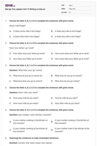 Bài tập Trắc nghiệm Unit 10 Writing có đáp án