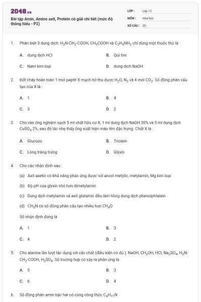 Bài tập Amin, Amino axit, Protein có giải chi tiết (mức độ thông hiểu - P2)