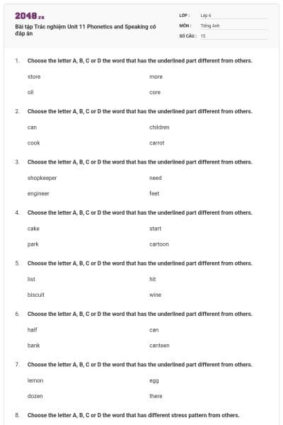 Bài tập Trắc nghiệm Unit 11 Phonetics and Speaking có đáp án