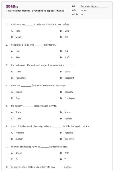 1300+ câu trắc nghiệm Từ vựng học có đáp án - Phần 28