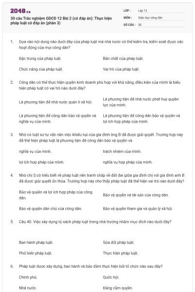 30 câu Trắc nghiệm GDCD 12 Bài 2 (có đáp án): Thực hiện pháp luật có đáp án (phần 3)