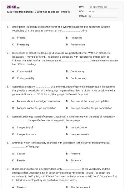 1300+ câu trắc nghiệm Từ vựng học có đáp án - Phần 45