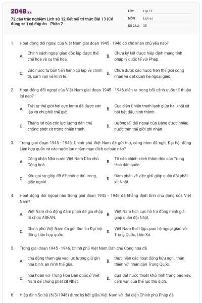 72 câu trắc nghiệm Lịch sử 12 Kết nối tri thức Bài 13 (Có đúng sai) có đáp án - Phần 2