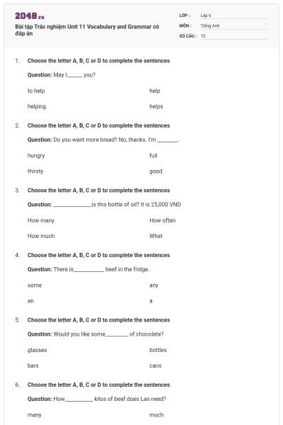 Bài tập Trắc nghiệm Unit 11 Vocabulary and Grammar có đáp án