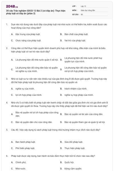 30 câu Trắc nghiệm GDCD 12 Bài 2 (có đáp án): Thực hiện pháp luật có đáp án (phần 3)