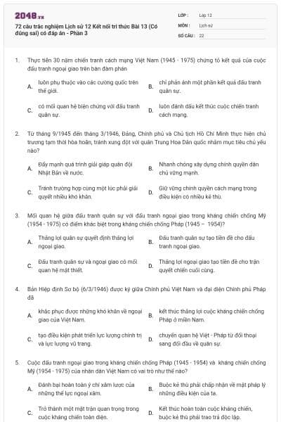 72 câu trắc nghiệm Lịch sử 12 Kết nối tri thức Bài 13 (Có đúng sai) có đáp án - Phần 3