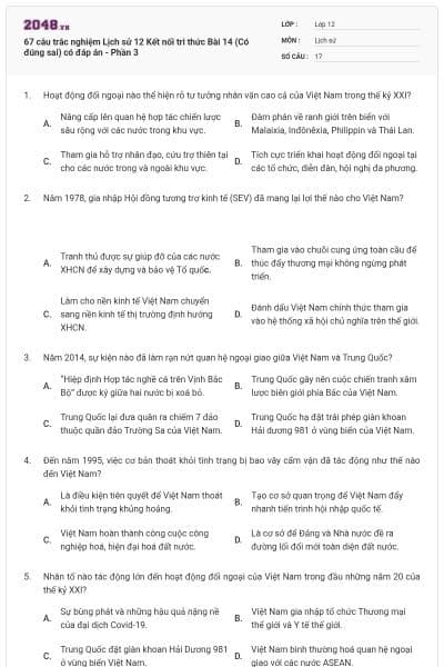 67 câu trắc nghiệm Lịch sử 12 Kết nối tri thức Bài 14 (Có đúng sai) có đáp án - Phần 3