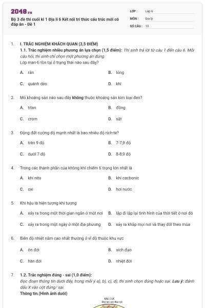 Bộ 3 đề thi cuối kì 1 Địa lí 6 Kết nối tri thức cấu trúc mới có đáp án - Đề 1
