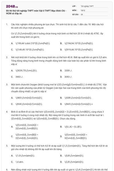 Đề thi thử tốt nghiệp THPT môn Vật lí THPT Mạc Đĩnh Chi - HCM có đáp án