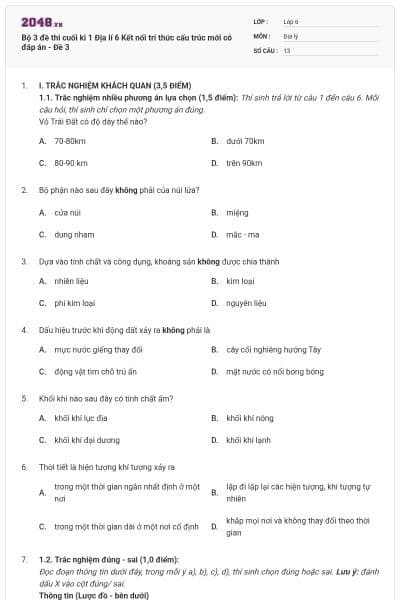 Bộ 3 đề thi cuối kì 1 Địa lí 6 Kết nối tri thức cấu trúc mới có đáp án - Đề 3