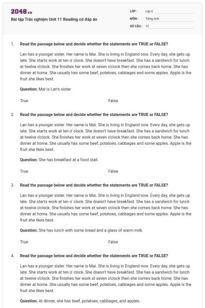 Bài tập Trắc nghiệm Unit 11 Reading có đáp án