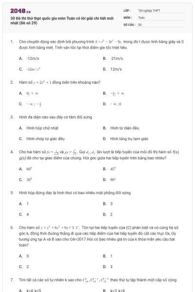 30 Đề thi thử thpt quốc gia môn Toán có lời giải chi tiết mới nhất (Đề số 29)