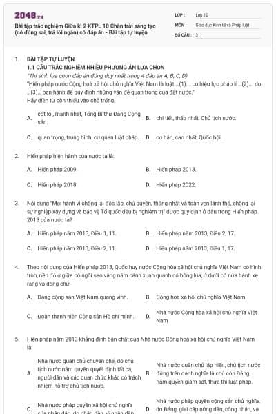 Bài tập trắc nghiệm Giữa kì 2 KTPL 10 Chân trời sáng tạo (có đúng sai, trả lời ngắn) có đáp án - Bài tập tự luyện