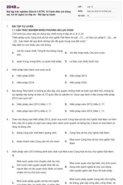 Bài tập trắc nghiệm Giữa kì 2 KTPL 10 Cánh diều (có đúng sai, trả lời ngắn) có đáp án - Bài tập tự luyện