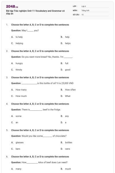 Bài tập Trắc nghiệm Unit 11 Vocabulary and Grammar có đáp án