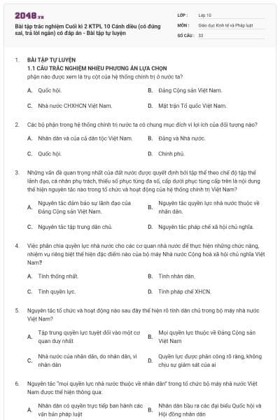 Bài tập trắc nghiệm Cuối kì 2 KTPL 10 Cánh diều (có đúng sai, trả lời ngắn) có đáp án - Bài tập tự luyện