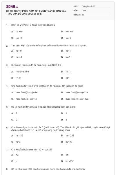 ĐỀ THI THỬ THPTQG NĂM 2019 MÔN TOÁN CHUẨN CẤU TRÚC CỦA BỘ GIÁO DỤC( Đề số 5)