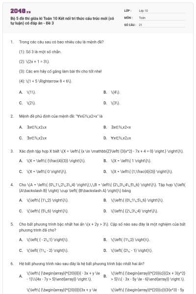 Bộ 5 đề thi giữa kì Toán 10 Kết nối tri thức cấu trúc mới (có tự luận) có đáp án - Đề 3