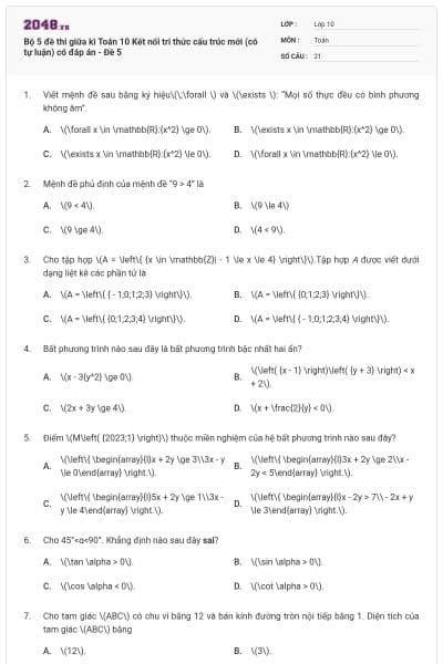 Bộ 5 đề thi giữa kì Toán 10 Kết nối tri thức cấu trúc mới (có tự luận) có đáp án - Đề 5