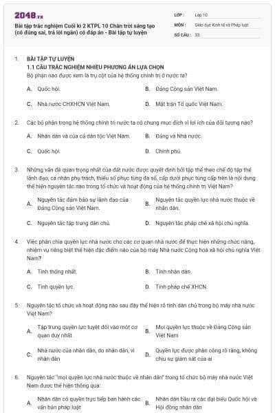 Bài tập trắc nghiệm Cuối kì 2 KTPL 10 Chân trời sáng tạo (có đúng sai, trả lời ngắn) có đáp án - Bài tập tự luyện