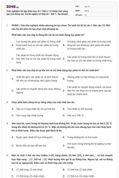 Trắc nghiệm ôn tập Giữa học kì 1 Vật Lí 12 Chân trời sáng tạo (có đúng sai, trả lời ngắn) có đáp án - Bài 1. Sự chuyển thể