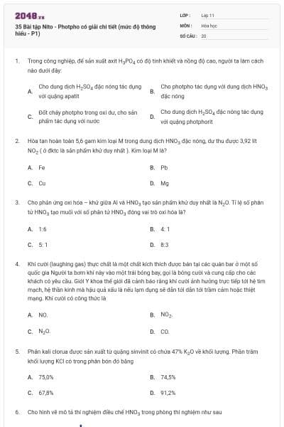 35 Bài tập Nito - Photpho có giải chi tiết (mức độ thông hiểu - P1)
