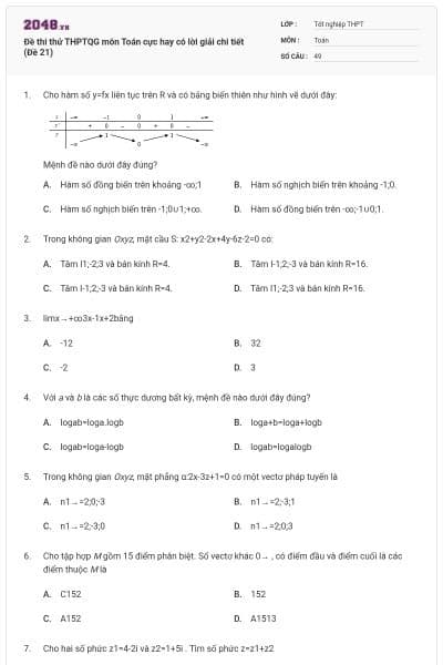 Đề thi thử THPTQG môn Toán cực hay có lời giải chi tiết (Đề 21)
