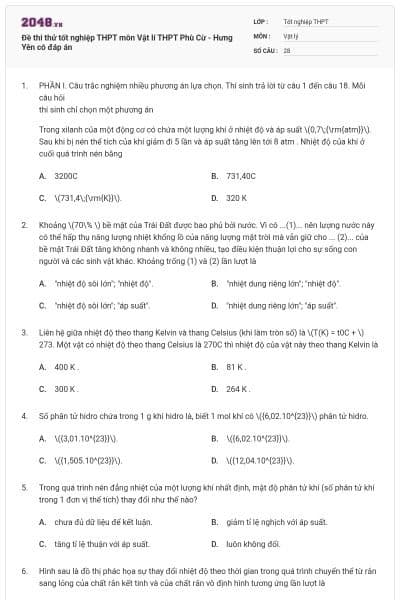 Đề thi thử tốt nghiệp THPT môn Vật lí THPT Phù Cừ - Hưng Yên có đáp án