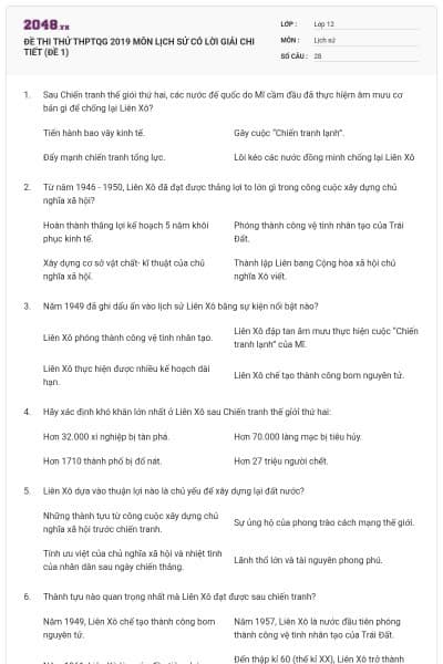 ĐỀ THI THỬ THPTQG 2019 MÔN LỊCH SỬ CÓ LỜI GIẢI CHI TIẾT (ĐỀ 1)