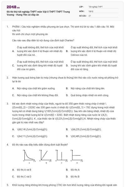 Đề thi thử tốt nghiệp THPT môn Vật lí THPT THPT Trưng Vương - Hưng Yên có đáp án