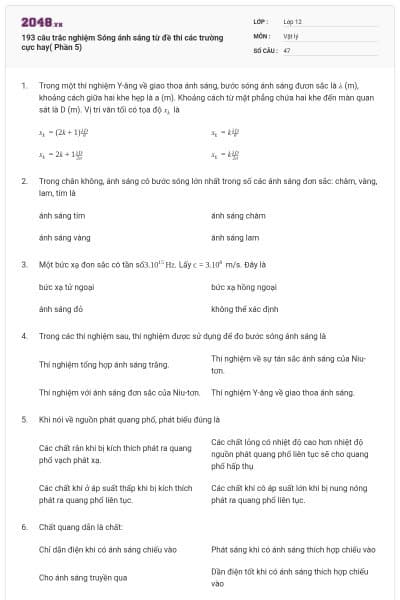 193 câu trắc nghiệm Sóng ánh sáng từ đề thi các trường cực hay( Phần 5)