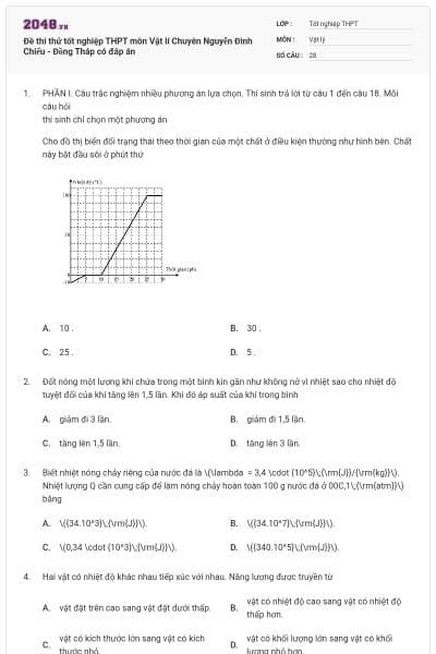 Đề thi thử tốt nghiệp THPT môn Vật lí Chuyên Nguyễn Đình Chiểu - Đồng Tháp có đáp án