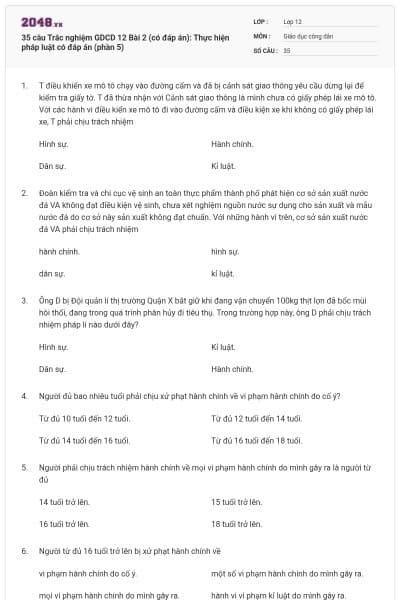35 câu Trắc nghiệm GDCD 12 Bài 2 (có đáp án): Thực hiện pháp luật có đáp án (phần 5)