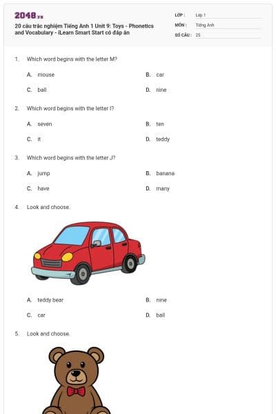 20 câu trắc nghiệm Tiếng Anh 1 Unit 9: Toys - Phonetics and Vocabulary - iLearn Smart Start có đáp án