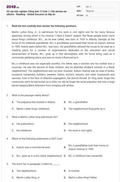 20 câu trắc nghiệm Tiếng Anh 12 Unit 1: Life stories we admire - Reading - Global Success có đáp án