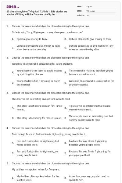 20 câu trắc nghiệm Tiếng Anh 12 Unit 1: Life stories we admire - Writing - Global Success có đáp án
