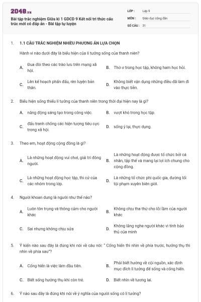 Bài tập trắc nghiệm Giữa kì 1 GDCD 9 Kết nối tri thức cấu trúc mới có đáp án - Bài tập tự luyện