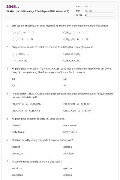 Đề kiểm tra 1 tiết Hóa học 12 có đáp án (Bài kiểm tra số 2)