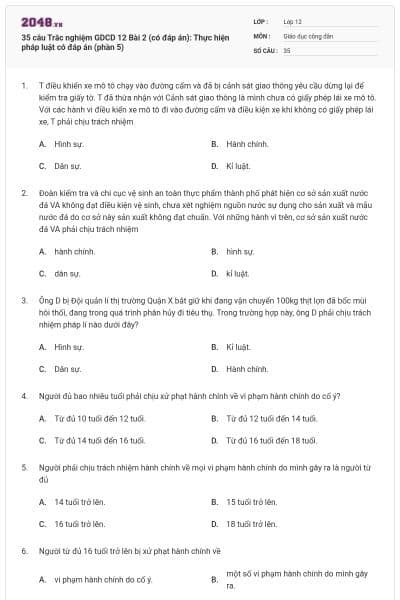 35 câu Trắc nghiệm GDCD 12 Bài 2 (có đáp án): Thực hiện pháp luật có đáp án (phần 5)