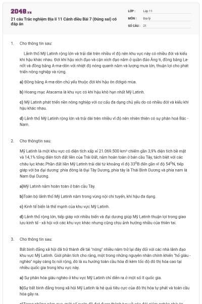 21 câu Trắc nghiệm Địa lí 11 Cánh diều Bài 7 (Đúng sai) có đáp án