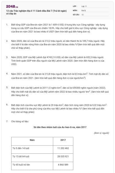 12 câu Trắc nghiệm Địa lí 11 Cánh diều Bài 7 (Trả lời ngắn) có đáp án