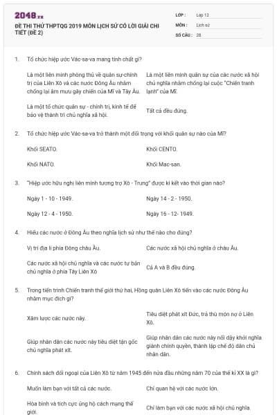 ĐỀ THI THỬ THPTQG 2019 MÔN LỊCH SỬ CÓ LỜI GIẢI CHI TIẾT (ĐỀ 2)