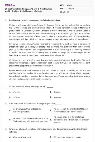 20 câu trắc nghiệm Tiếng Anh 12 Unit 2: A multicultural world - Reading - Global Success có đáp án