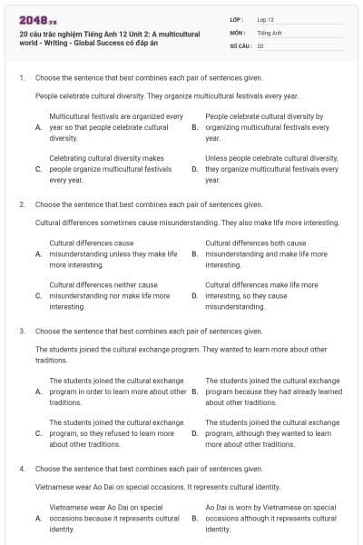 20 câu trắc nghiệm Tiếng Anh 12 Unit 2: A multicultural world - Writing - Global Success có đáp án