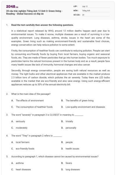 20 câu trắc nghiệm Tiếng Anh 12 Unit 3: Green living - Reading - Global Success có đáp án