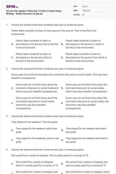 20 câu trắc nghiệm Tiếng Anh 12 Unit 3: Green living - Writing - Global Success có đáp án