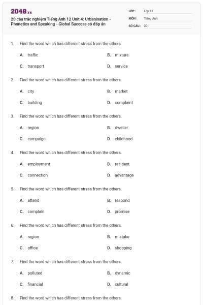 20 câu trắc nghiệm Tiếng Anh 12 Unit 4: Urbanisation - Phonetics and Speaking - Global Success có đáp án