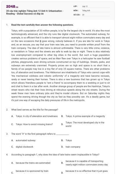 20 câu trắc nghiệm Tiếng Anh 12 Unit 4: Urbanisation - Reading - Global Success có đáp án